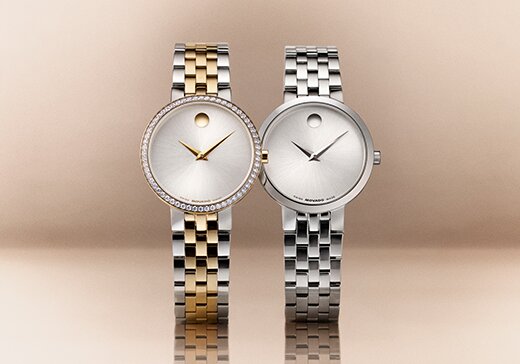 Two tone museum classic women's watch featuring lab grown diamonds next to a silver museum classic women's watch