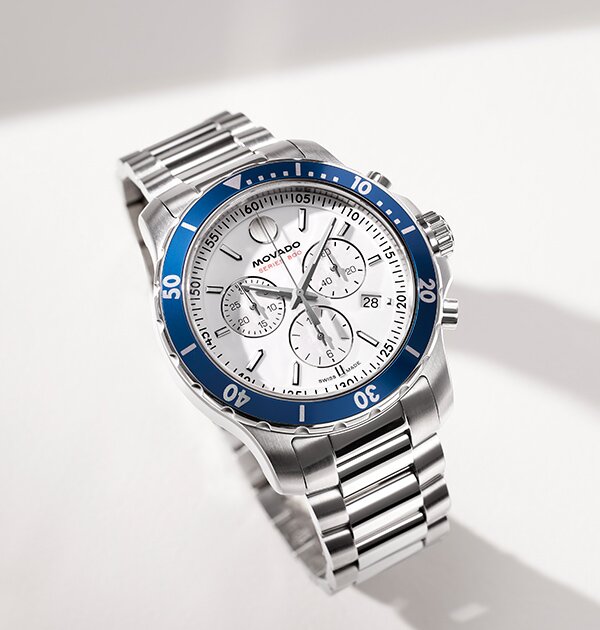 Series 800 watch with stainless steel bracelet and white dial with chronograph.