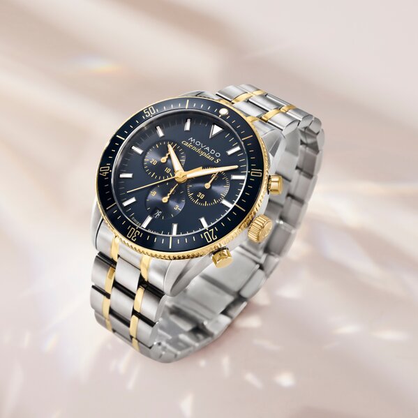 Calendoplan S Chronograph watch with two tone bracelet and blue dial.