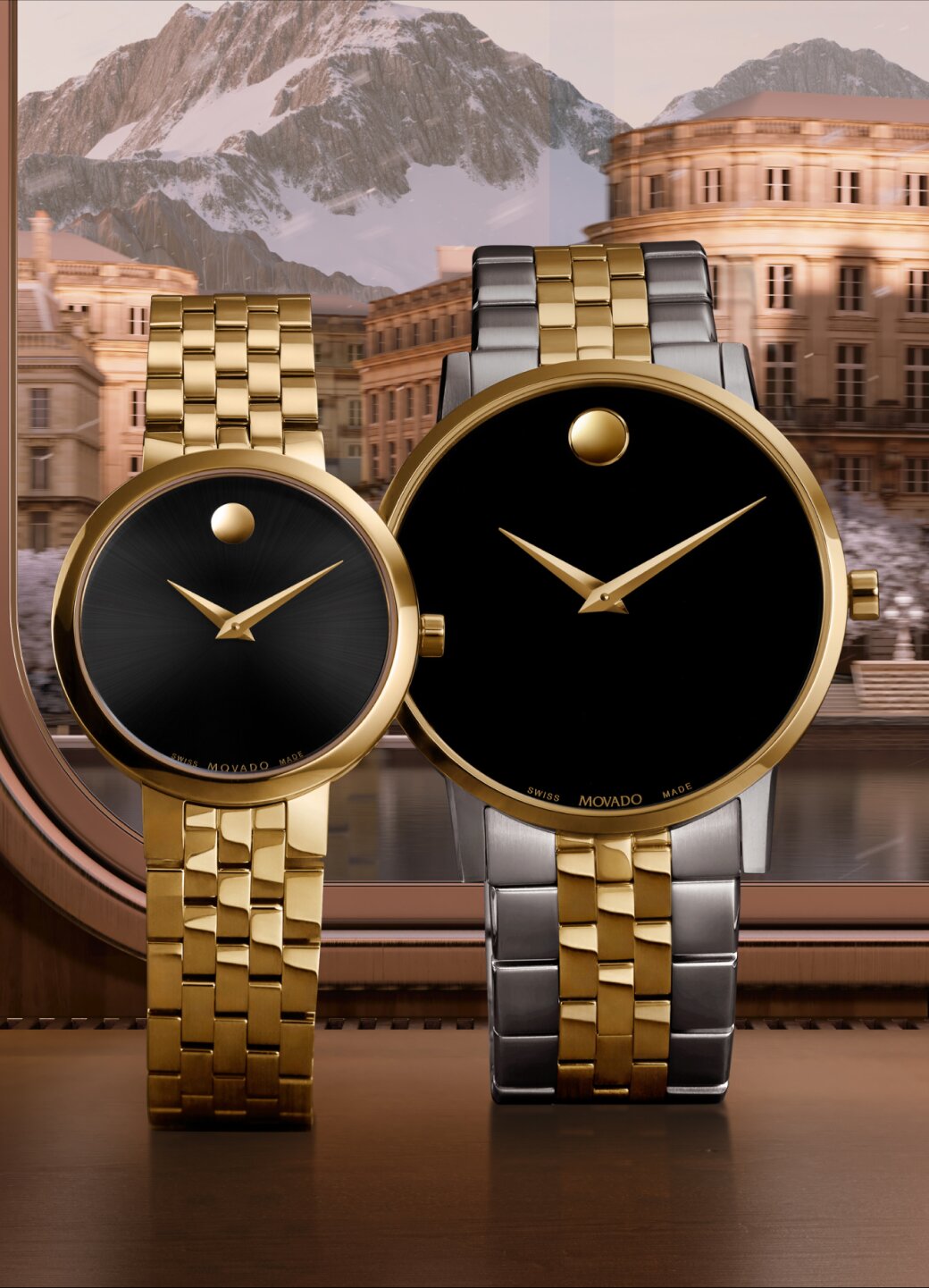 Museum Classic watch for him and for her sitting in front of a train window with Switzerland in the background