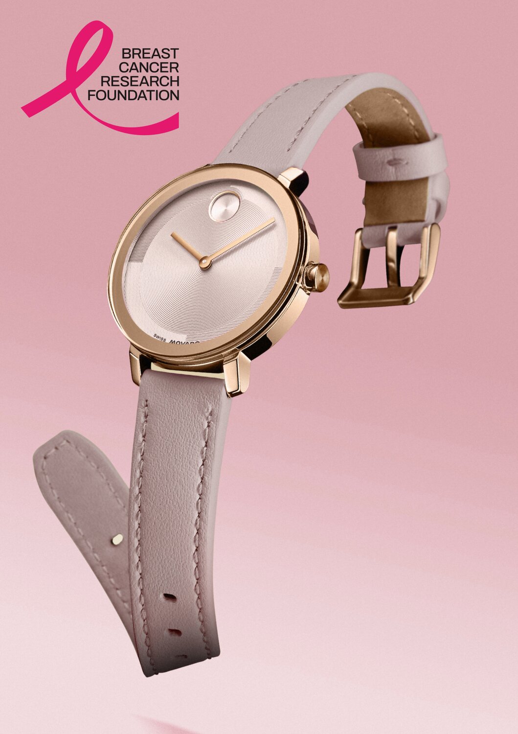 BOLD Evolution 2.0 pink leather watch. Breast Cancer Research Foundation logo with pink ribbon in the top left corner.