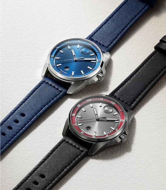 Blue BOLD Verso S watch with leather strap and grey BOLD Verso S watch with grey dial.