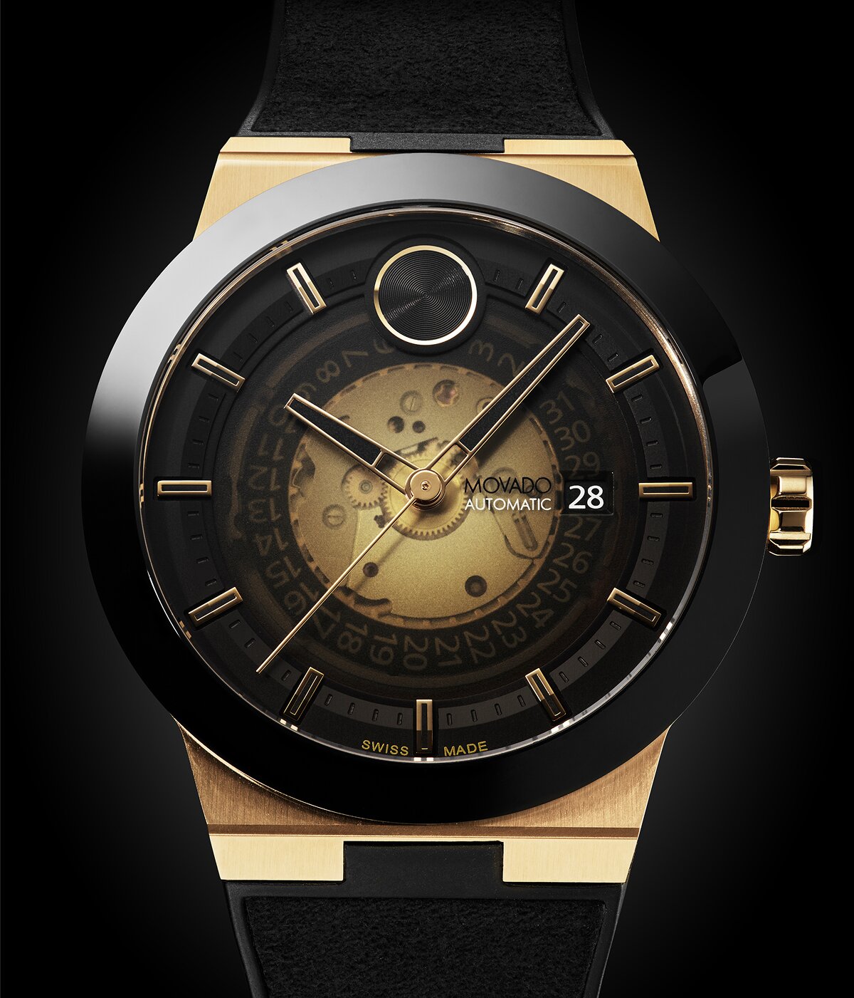 BOLD Fusion watch with black rubber strap and black skeleton dial with gold accents.