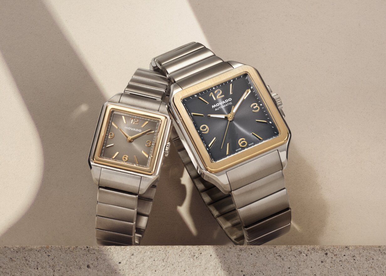 Men's and Women's two tone Heritage 1917 bracelet watches with square dials.