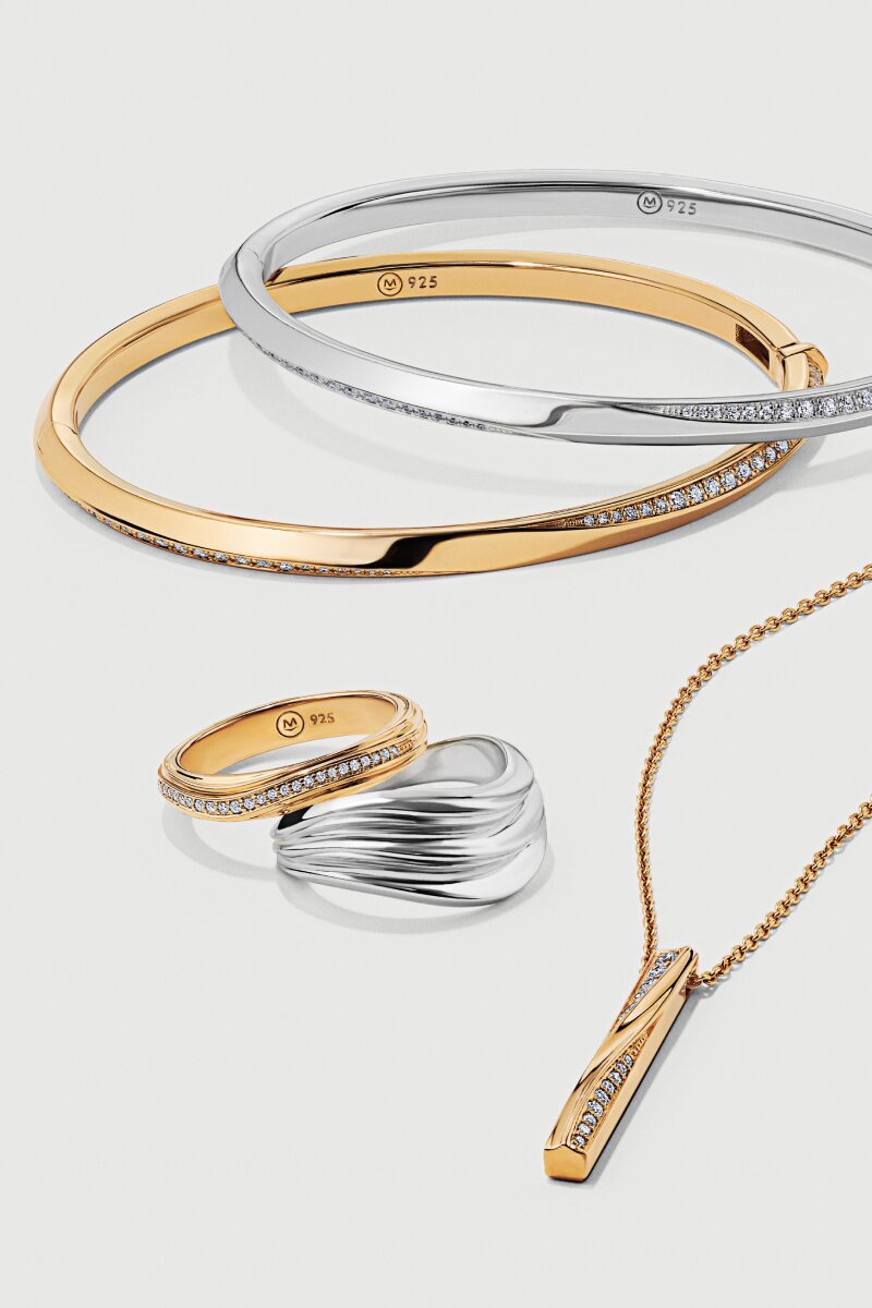 Sterling Silver gold bangle with lab grown diamonds and ring. Gold Tone Curve bangle, ring and necklace with lab grown diamonds.