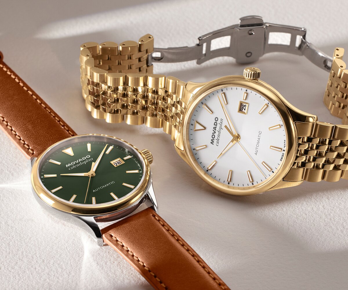 Man in a green jacket wearing the Heritage Calendoplan watch with brown strap and blue chronograph dial.