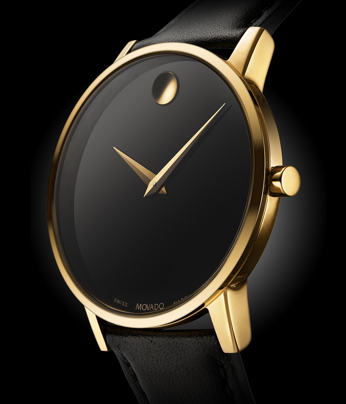 Black Museum Classic strap watch with gold accents. 