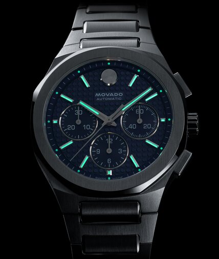 Swiss Super-LumiNova® accents glowing on the dial of the Alta Centurion Chronograph watch.