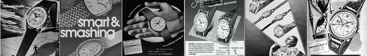Six black and white Movado Heritage collection vintage ads.