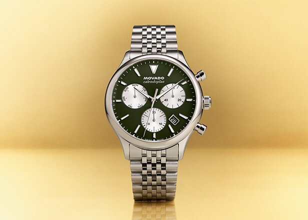 Heritage Series Calendoplan watch with silver bracelet and green chronograph dial