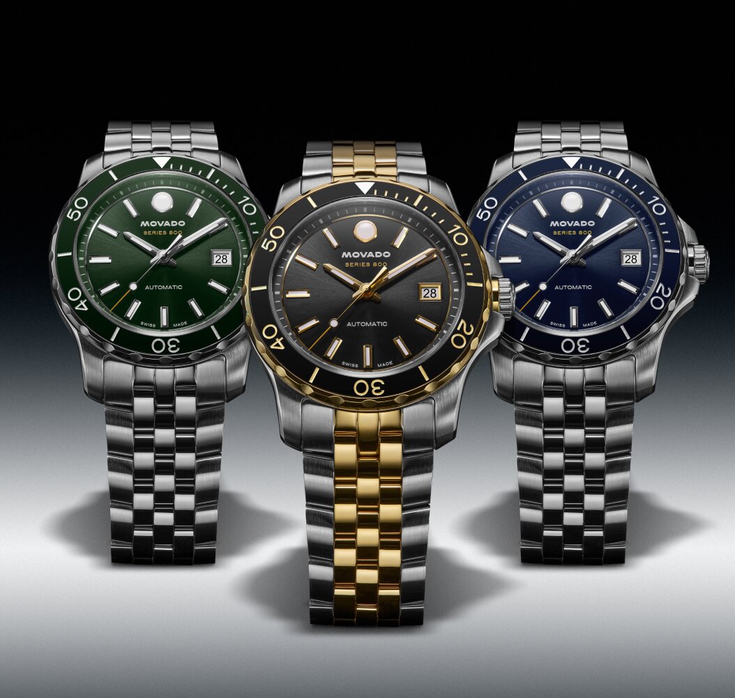 Three Series 800 watches; Stainless steel bracelet with green dial, two tone bracelet with black dial and stainless steel bracelet with blue dial.