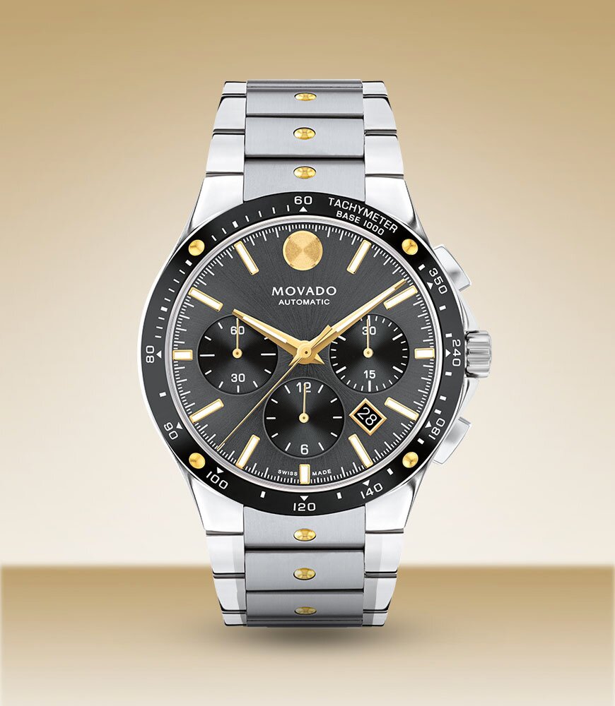 Alta SE watch with stainless steel bracelet and black chronograph dial.