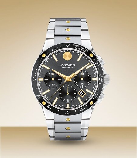 Alta SE watch with stainless steel bracelet and black chronograph dial.