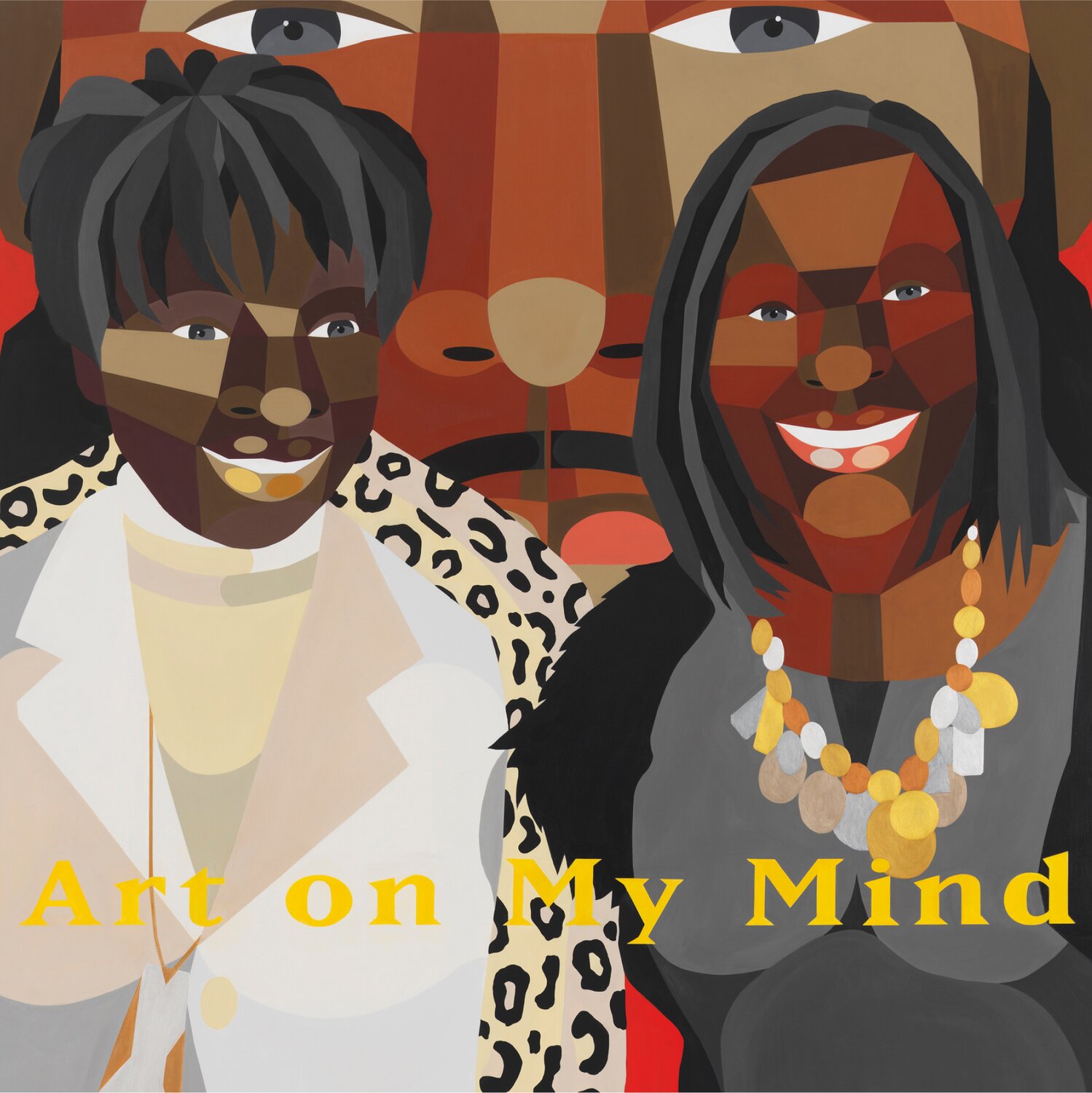 Derrick Adams, Arting artwork of two women smiling with a face behind them and text that says, "Art on My Mind"