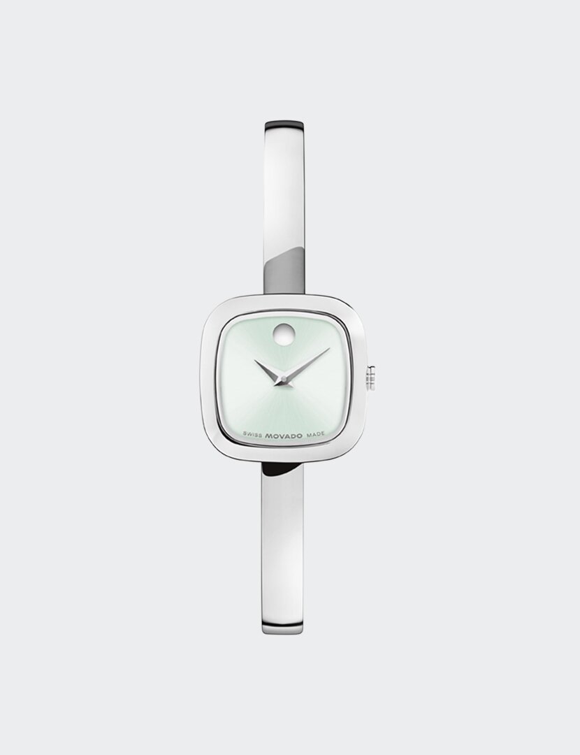 Stainless Steel Museum bangle watch with green square dial.