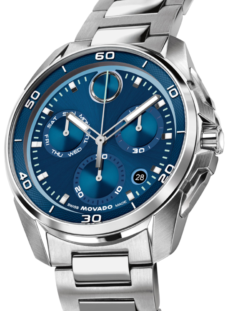 BOLD Verso S Chronograph watch with stainless steel bracelet and blue chronograph dial.