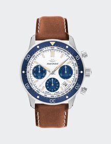 Alta Super Sub Sea Chronograph watch with brown strap and white and blue dial.