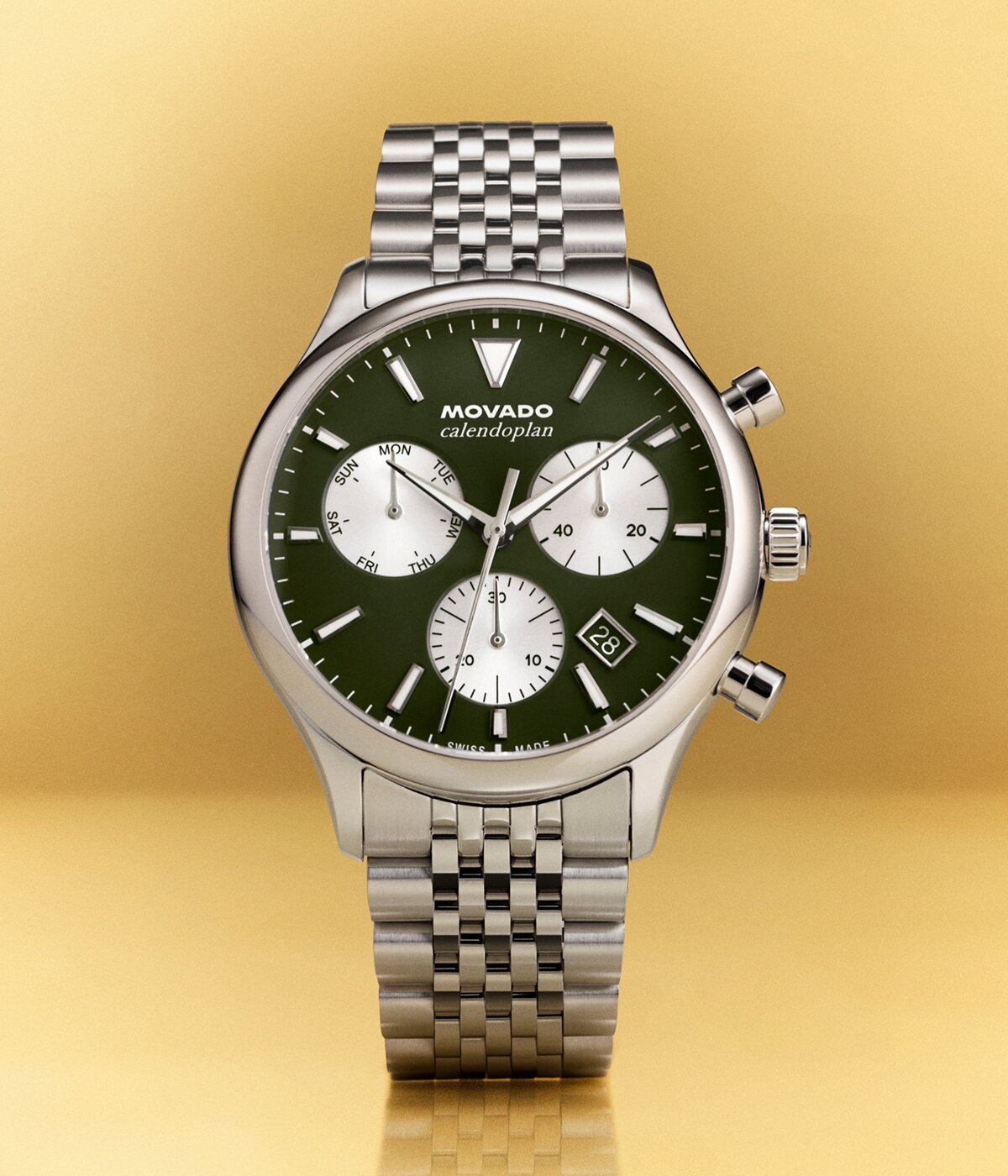 Heritage Series Calendoplan watch with silver bracelet and green dial with silver chronograph sub dials.