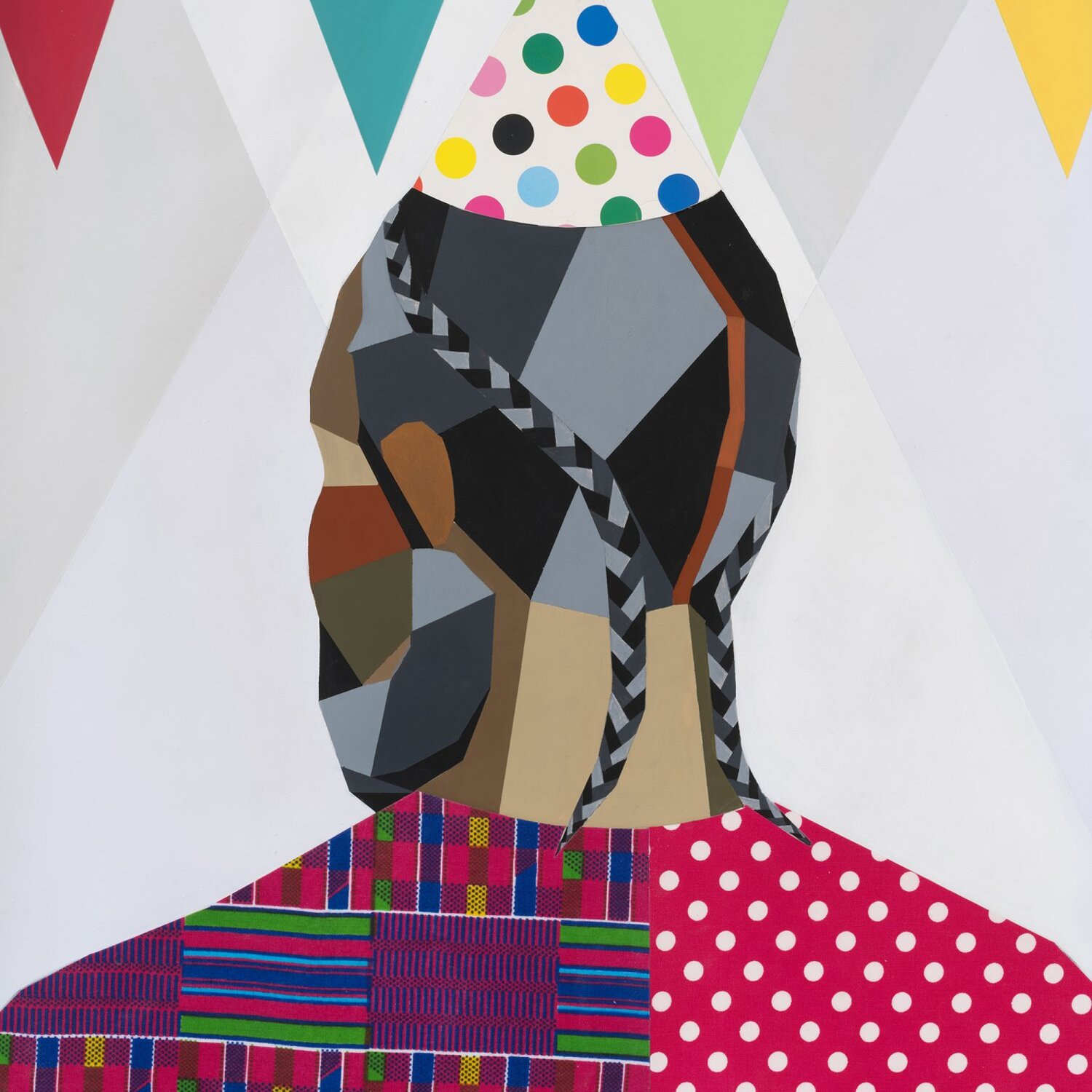 Derrick Adams, We Came To Party And Plan 35, artwork of a man with braids in a sweater and party hat with polka dots 