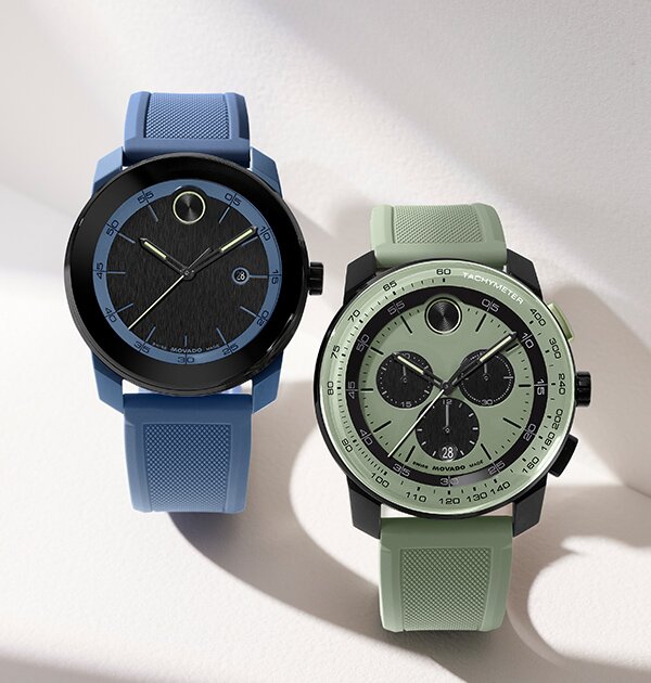 BOLD TR90 watch with blue rubber strap and black dial next to a green BOLD TR90 watch with chronograph dial.
