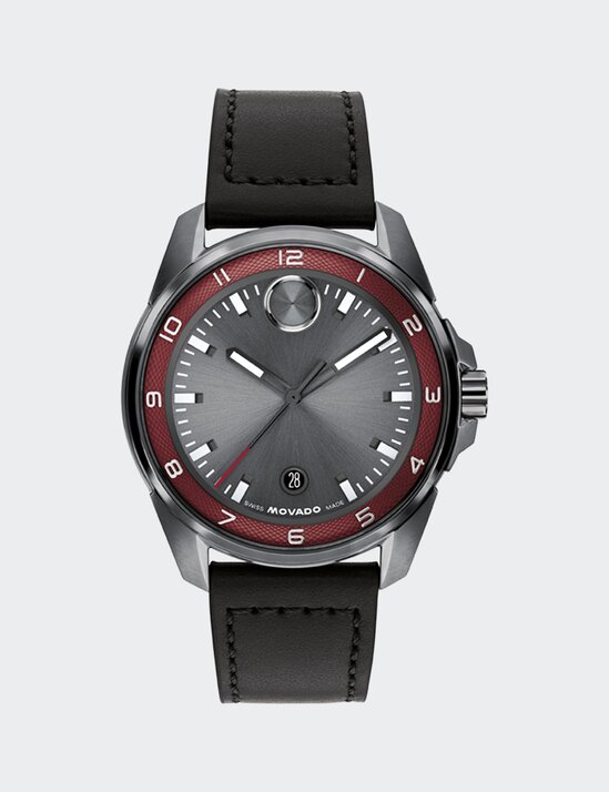 BOLD Verso S watch with black leather strap, grey dial and red hour track.