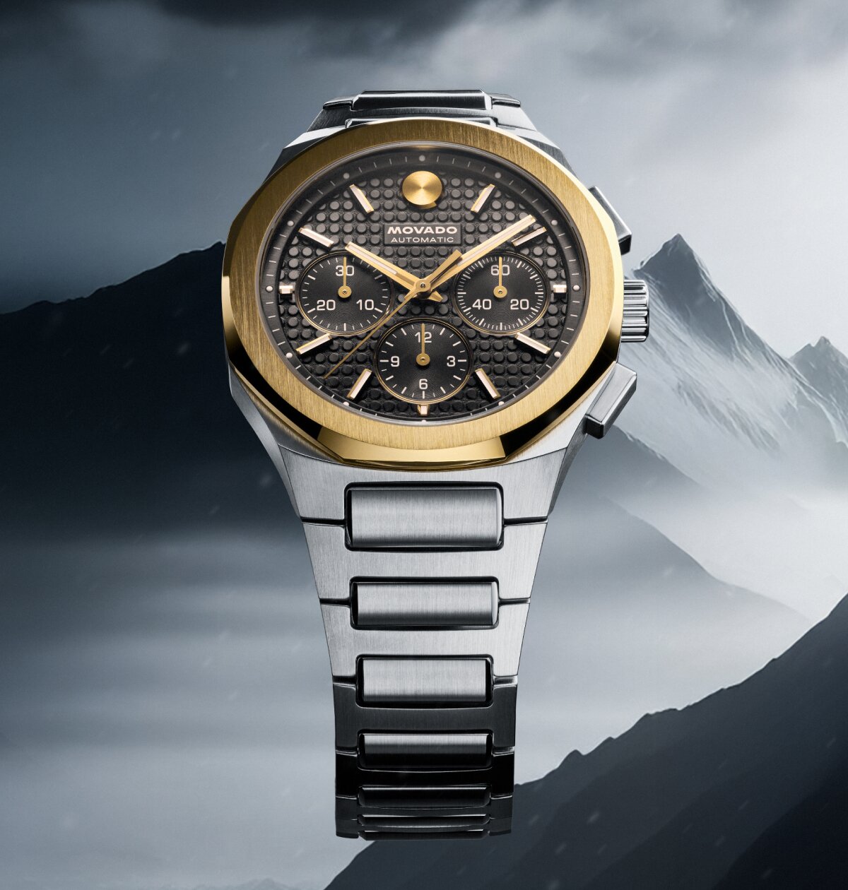 Alta Centurion chronograph watch with stainless steel bracelet and grey octagonal dial.