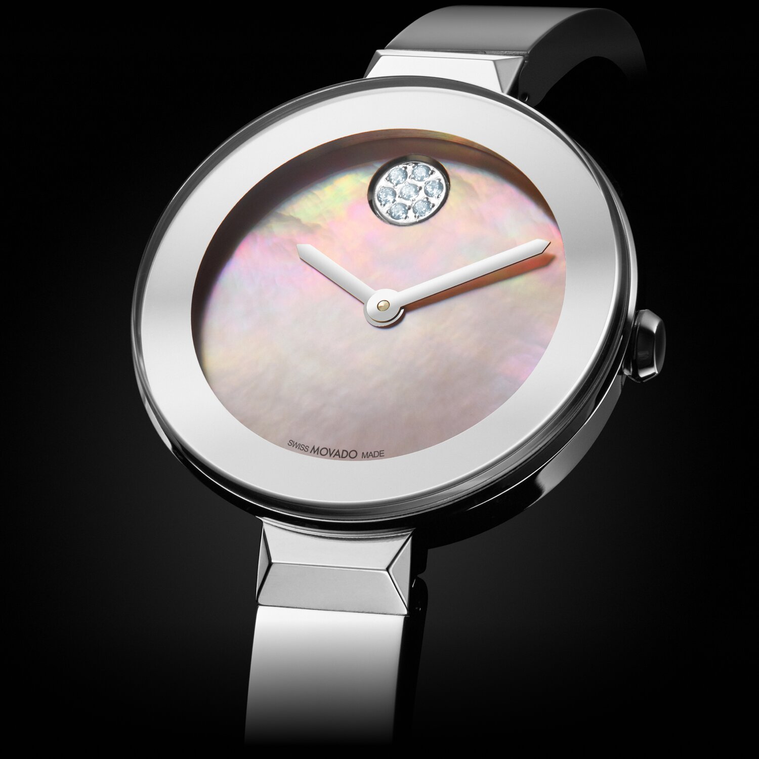 Silver BOLD Bangle watch with pink mother of pearl dial with crystal set dot.