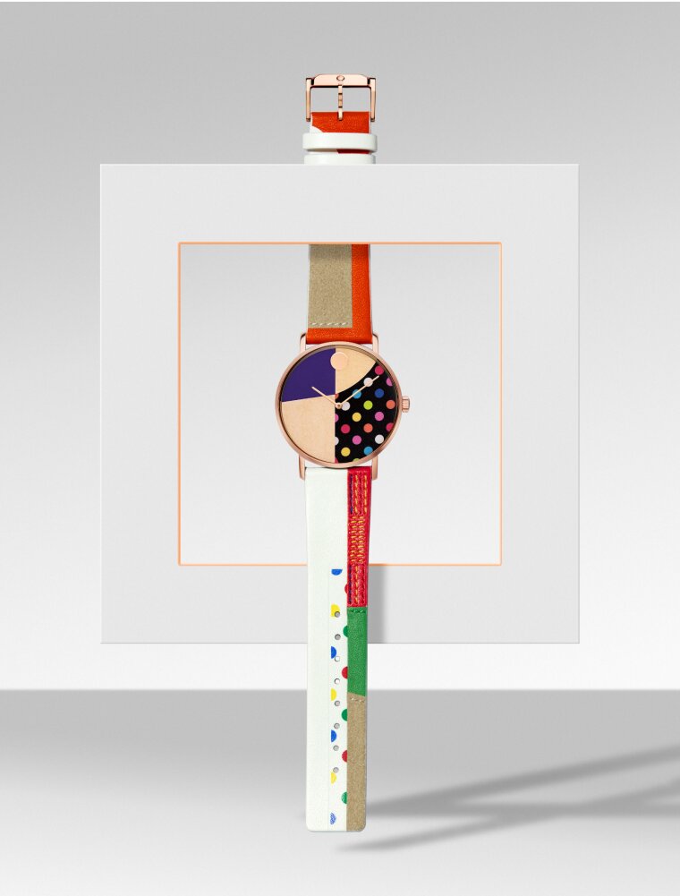 Colorful Movado watch featuring the abstract artwork of Derrick Adams, Ebony Fashion Fair 3