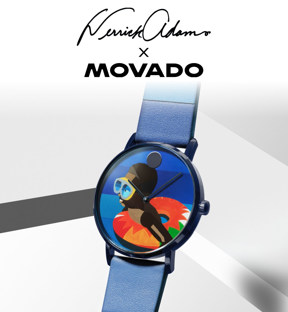 Blue Derrick Adams watch next to Derrick Adams signature and Movado logo