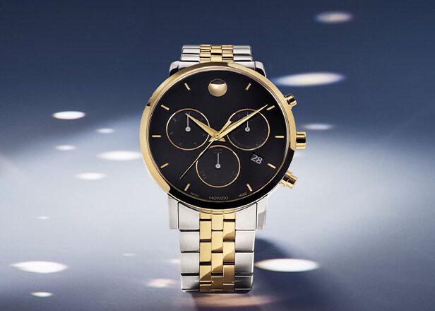 Museum Classic watch with two tone bracelet and black chronograph dial.