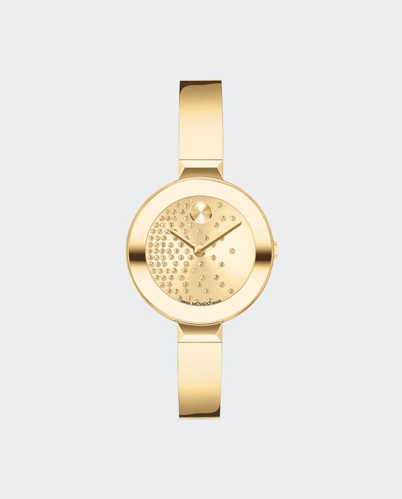 Gold tone BOLD Bangle watch with cascading crystals on the dial and bracelet.