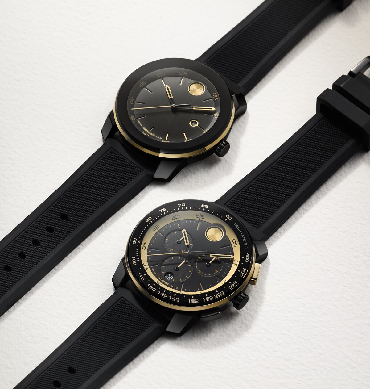 BOLD TR90 watches with black rubber straps and black dials with gold tone accents.