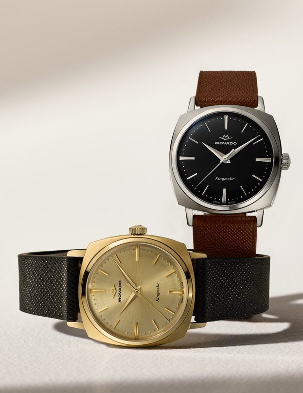Heritage Kingamtic watch with black strap and square gold tone dial and brown strap with black square dial.