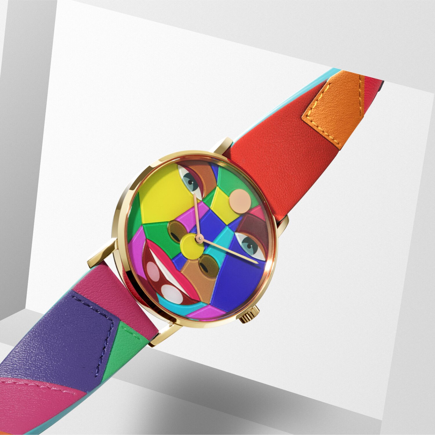 Multi-colored patchwork Movado watch featuring the artwork of Derrick Adams, Arting