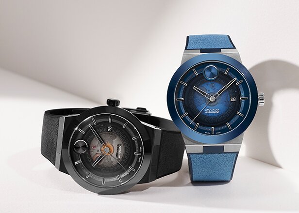 Black BOLD Fusion watch with skeleton dial next to a blue BOLD Fusion watch with skeleton dial.