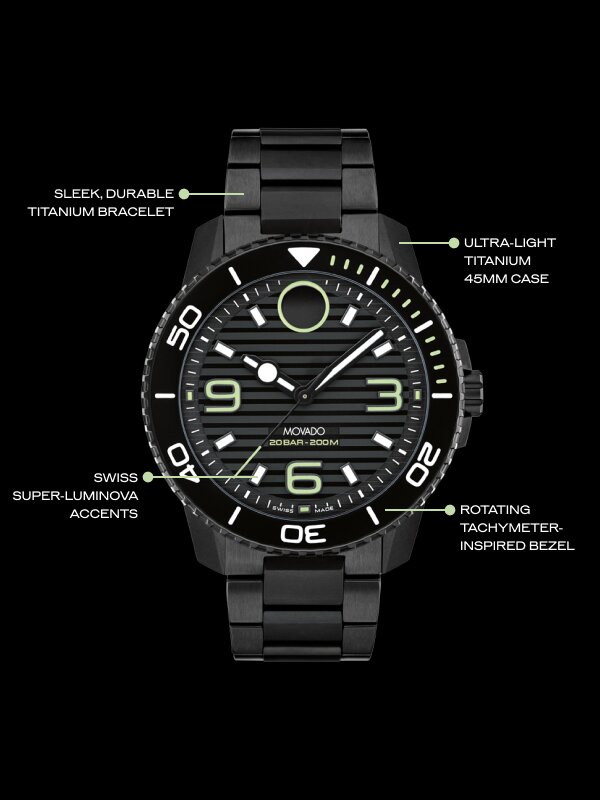 Titanium bracelet, 45mm titanium case, super-luminova accents and rotating tachymeter inspired bezel