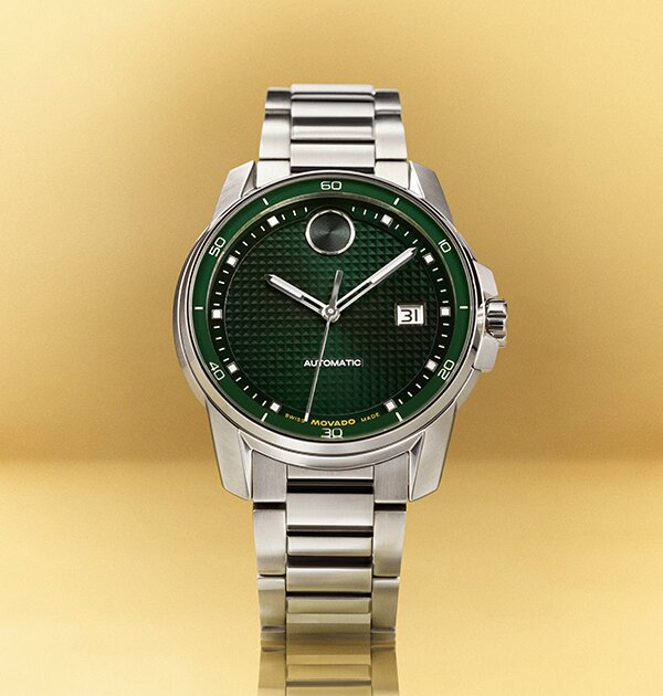 Men's BOLD Verso watch with stainless steel bracelet and green textured dial.