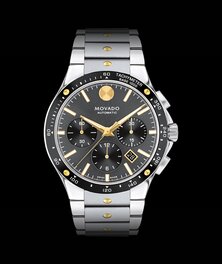 Alta SE Chronograph watch with stainless steel bracelet and black dial.