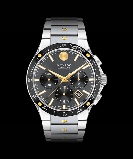 Alta SE Chronograph watch with stainless steel bracelet and black dial.