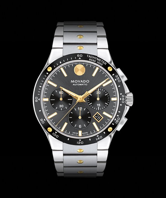 Alta SE Chronograph watch with stainless steel bracelet and black dial.