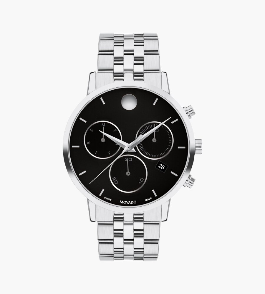 Museum Classic Chronograph watch with silver bracelet and black dial.