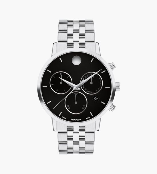 Museum Classic Chronograph watch with silver bracelet and black dial.