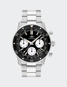 Alta Super Sub Sea Chronograph watch with stainless steel bracelet and black and white dial.