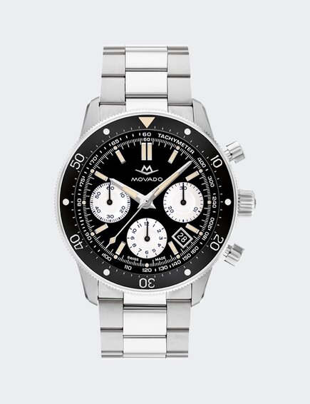 Alta Super Sub Sea Chronograph watch with stainless steel bracelet and black and white dial.