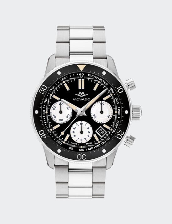 Alta Super Sub Sea Chronograph watch with stainless steel bracelet and black and white dial.