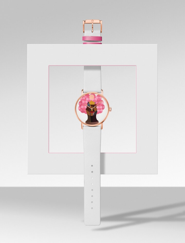 White Movado watch featuring the artwork of Derrick Adams, Style Variation Grid 6, and pink accents