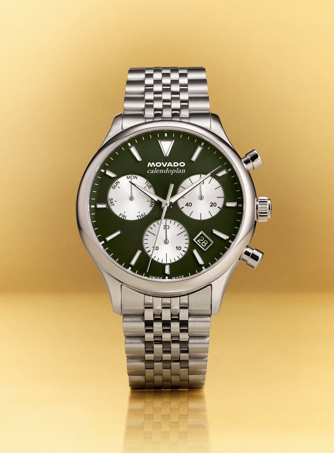 Heritage Series Calendoplan S chronograph watch with stainless steel bracelet and green dial