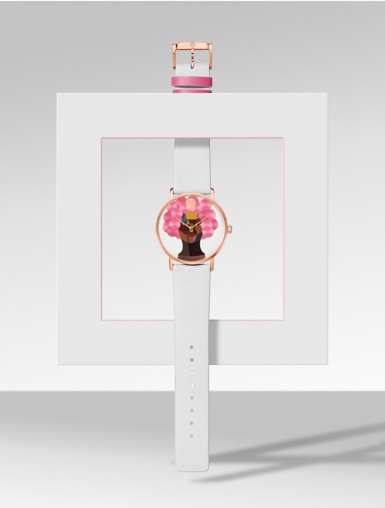 White Movado watch featuring the artwork of Derrick Adams, Style Variation Grid 6, and pink accents