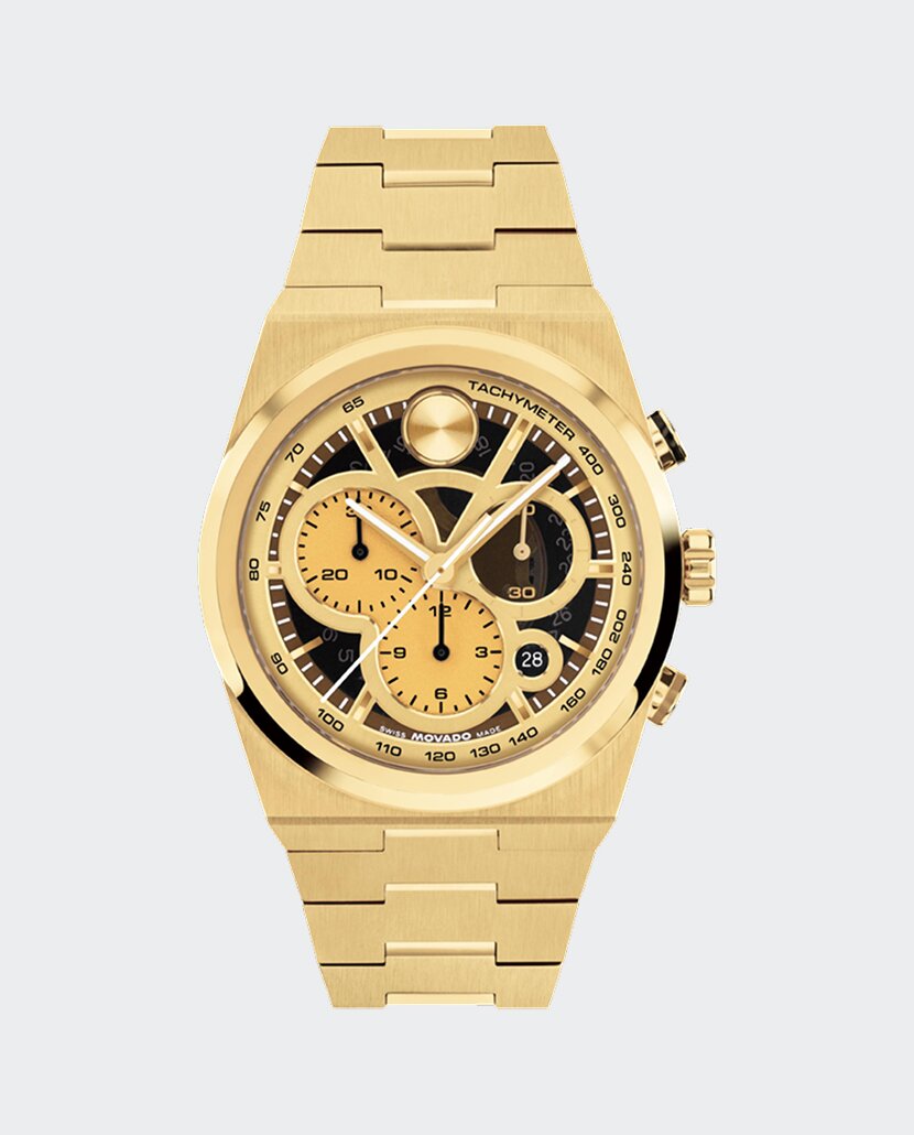 Gold tone BOLD Quest Chronograph bracelet watch with skeleton dial.