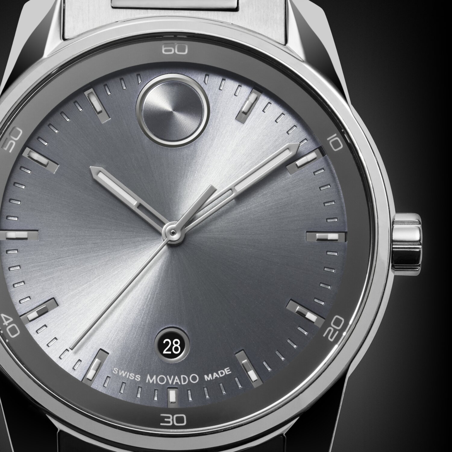 BOLD Verso grey watch dial zoomed in.